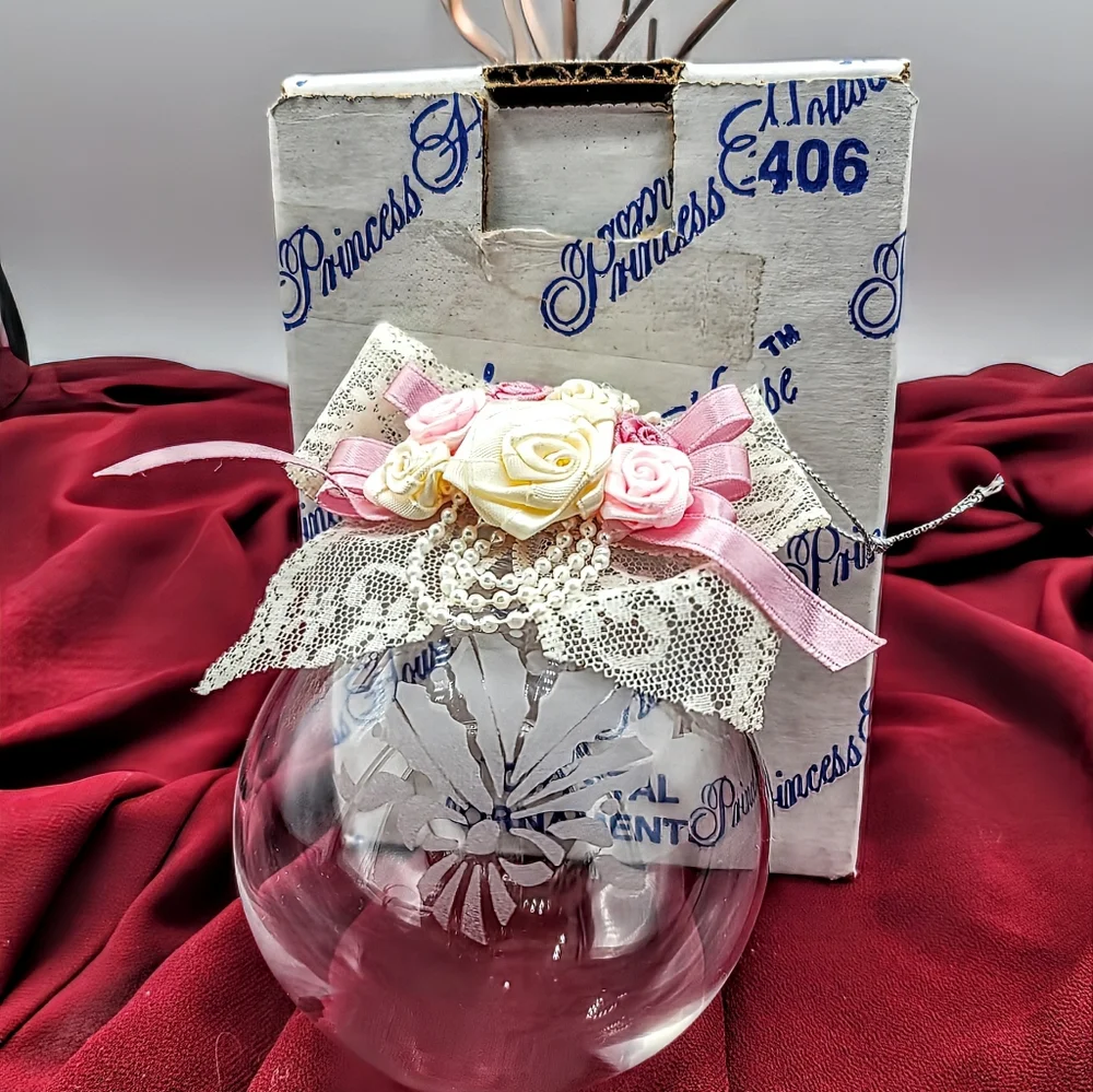 Princess House 406 Crystal Ornament Etched Poinsettia Handmade USA w Box 90s Vtg